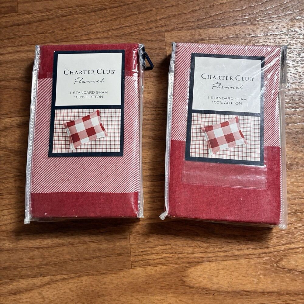 2 Charter Club Flannel Red & White Large Checked Standard Size Pillow Shams NEW